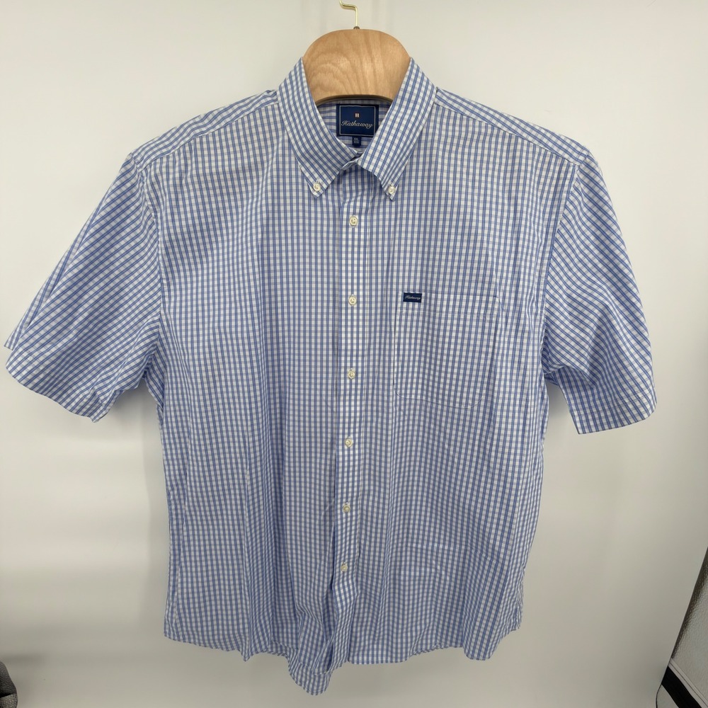 Hathaway Button Down Shirt Mens XXL Blue White Check Short Sleeve Cotton